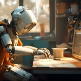 a robot ironing clothes, in the style of science-fiction dystopias, light azure and amber, vray tracing, tabletop photography, japanese influence, quantumpunk, paulus potter --ar 128:85 --v 5.2 Job ID: 3091090c-11bb-45ec-a921-9dc2aa796bbd