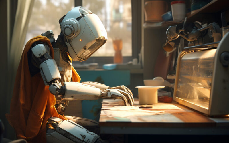 a robot ironing clothes, in the style of science-fiction dystopias, light azure and amber, vray tracing, tabletop photography, japanese influence, quantumpunk, paulus potter --ar 128:85 --v 5.2 Job ID: 3091090c-11bb-45ec-a921-9dc2aa796bbd