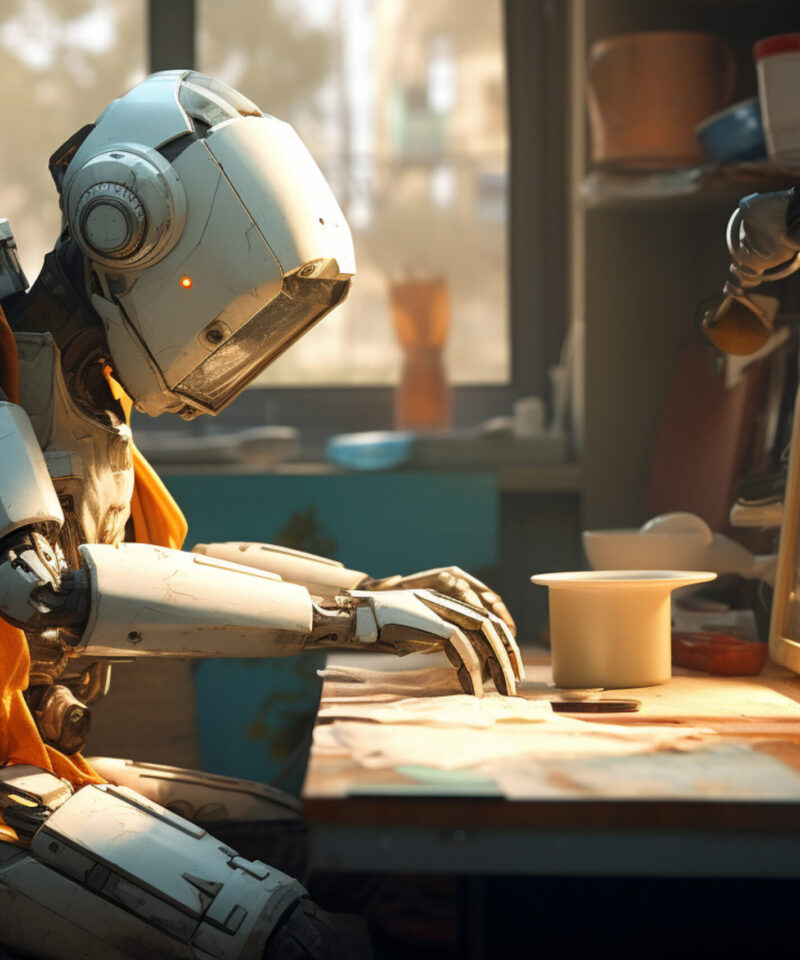 a robot ironing clothes, in the style of science-fiction dystopias, light azure and amber, vray tracing, tabletop photography, japanese influence, quantumpunk, paulus potter --ar 128:85 --v 5.2 Job ID: 3091090c-11bb-45ec-a921-9dc2aa796bbd